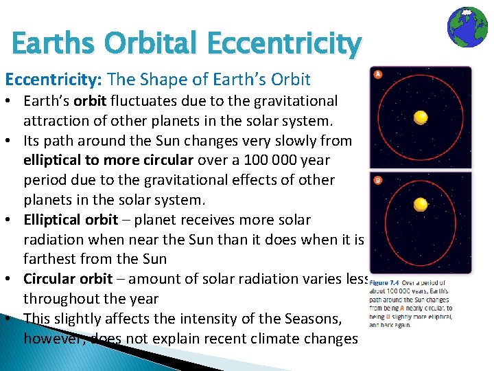 Earths Orbital Eccentricity: The Shape of Earth’s Orbit • Earth’s orbit fluctuates due to