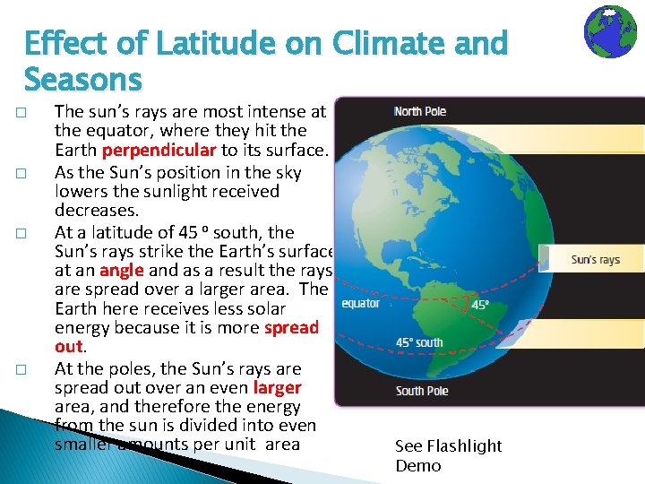 Effect of Latitude on Climate and Seasons � � The sun’s rays are most