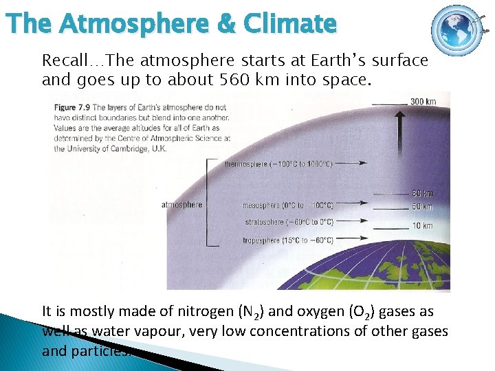 The Atmosphere & Climate Recall…The atmosphere starts at Earth’s surface and goes up to