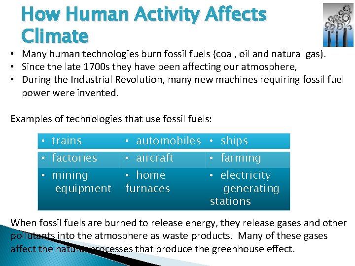 How Human Activity Affects Climate • Many human technologies burn fossil fuels (coal, oil