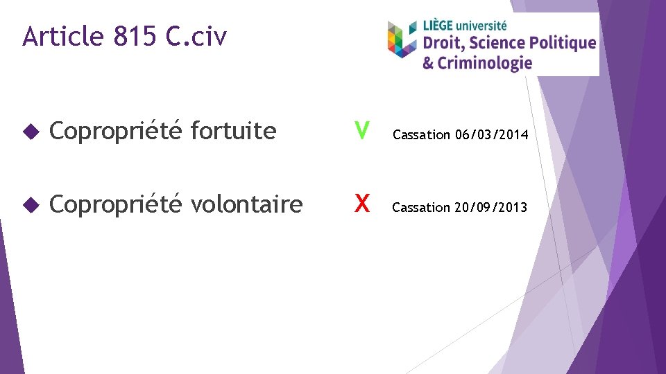 Article 815 C. civ Copropriété fortuite V Cassation 06/03/2014 Copropriété volontaire X Cassation 20/09/2013