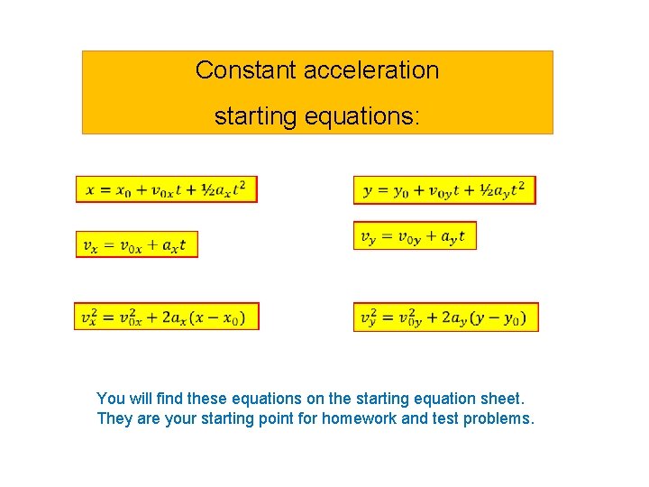 Constant acceleration starting equations: You will find these equations on the starting equation sheet.