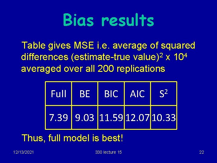 Bias results Table gives MSE i. e. average of squared differences (estimate-true value)2 x
