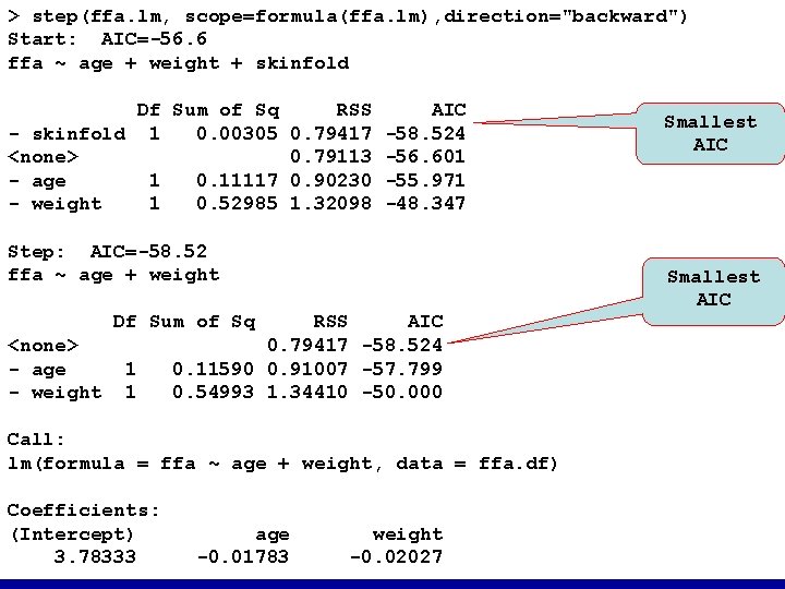 > step(ffa. lm, scope=formula(ffa. lm), direction="backward") Start: AIC=-56. 6 ffa ~ age + weight