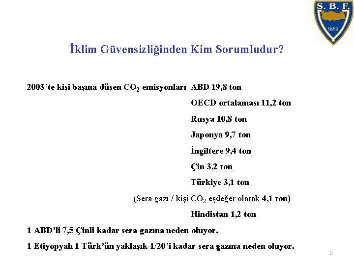 İklim Güvensizliğinden Kim Sorumludur? 2003’te kişi başına düşen CO 2 emisyonları ABD 19, 8