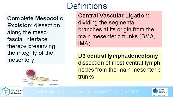 Definitions Complete Mesocolic Excision: dissection along the mesofascial interface, thereby preserving the integrity of