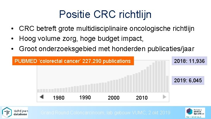 Positie CRC richtlijn • CRC betreft grote multidisciplinaire oncologische richtlijn • Hoog volume zorg,