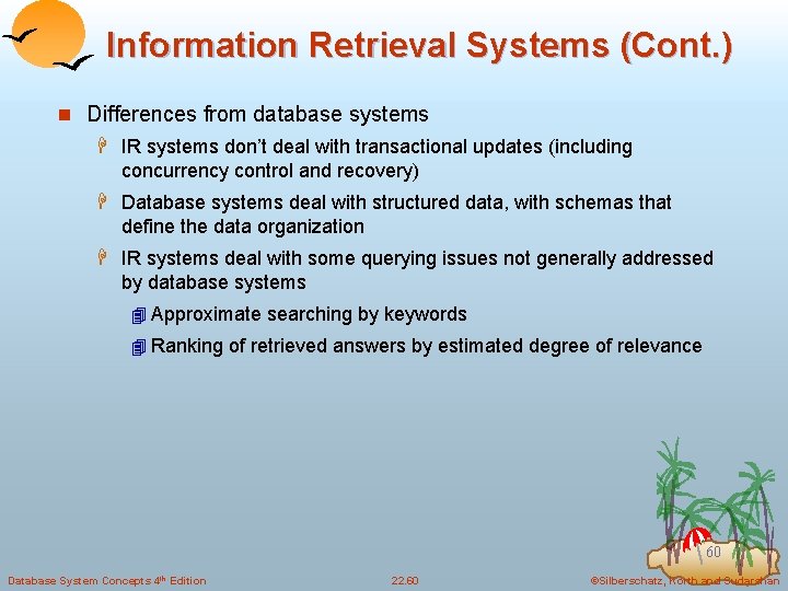 Information Retrieval Systems (Cont. ) n Differences from database systems H IR systems don’t