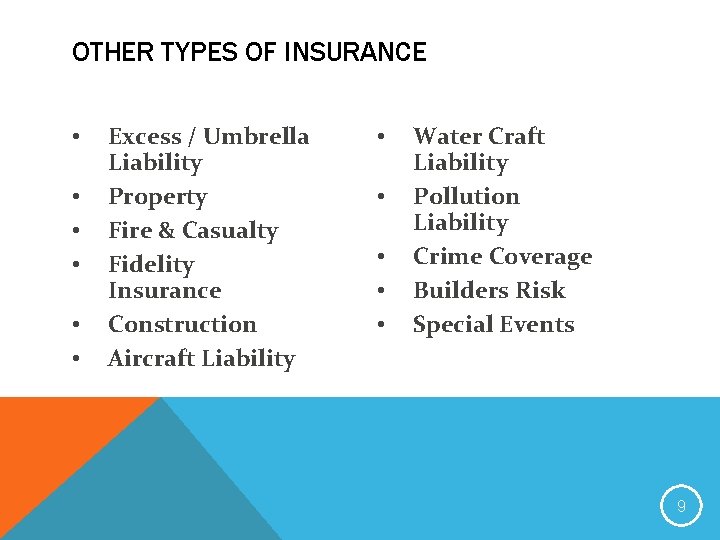 OTHER TYPES OF INSURANCE • • • Excess / Umbrella Liability Property Fire &