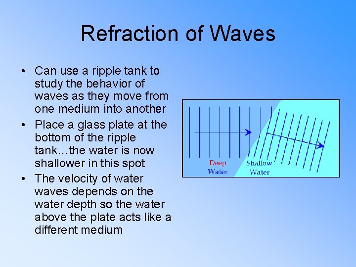 Refraction of Waves • Can use a ripple tank to study the behavior of