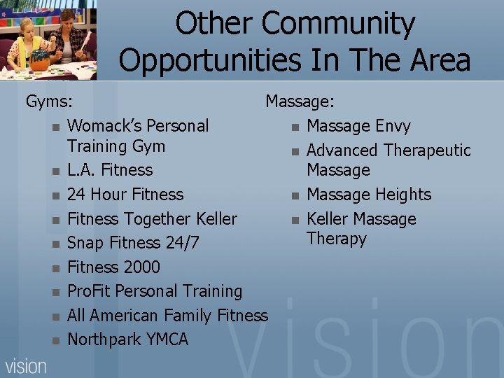 Other Community Opportunities In The Area Gyms: Massage: n Womack’s Personal n Massage Envy