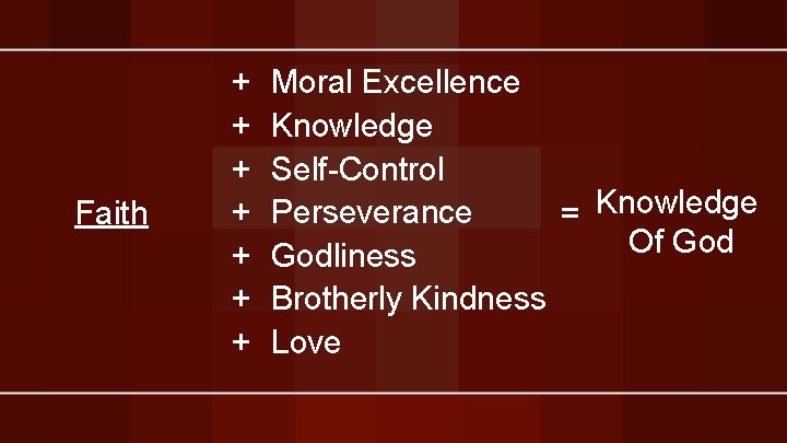 Faith + + + + Moral Excellence Knowledge Self-Control Perseverance = Knowledge Of Godliness