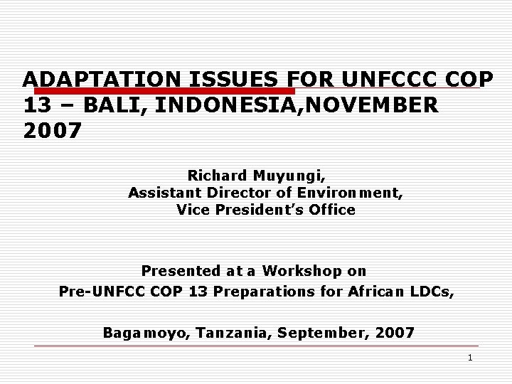 ADAPTATION ISSUES FOR UNFCCC COP 13 – BALI, INDONESIA, NOVEMBER 2007 Richard Muyungi, Assistant