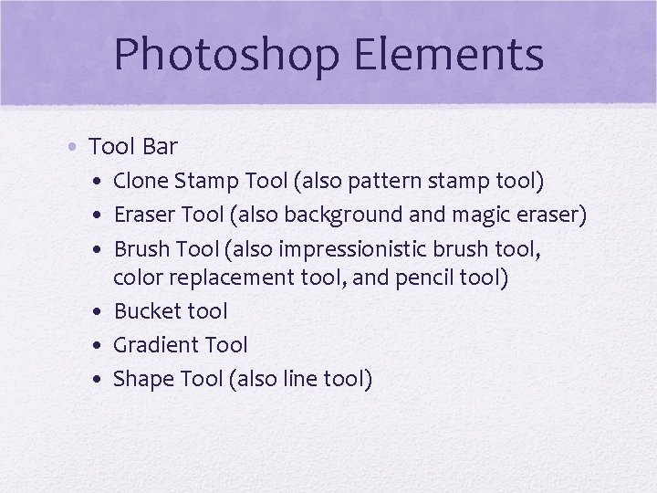 Photoshop Elements • Tool Bar • Clone Stamp Tool (also pattern stamp tool) •