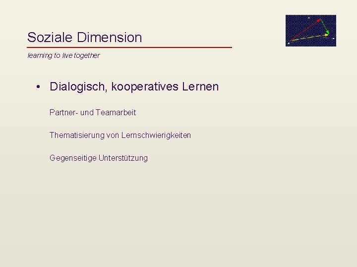Soziale Dimension learning to live together • Dialogisch, kooperatives Lernen Partner- und Teamarbeit Thematisierung
