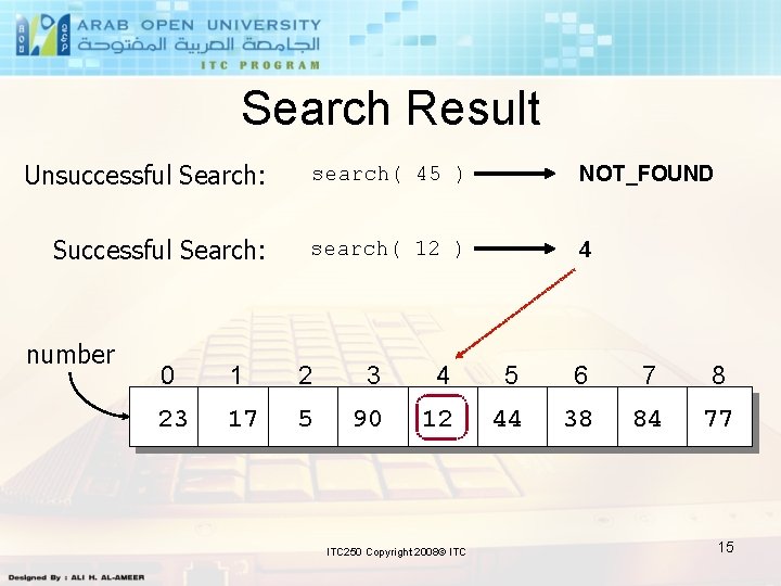 Search Result Unsuccessful Search: search( 45 ) NOT_FOUND Successful Search: search( 12 ) 4