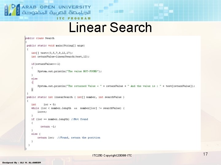 Linear Search ITC 250 Copyright 2008© ITC 17 