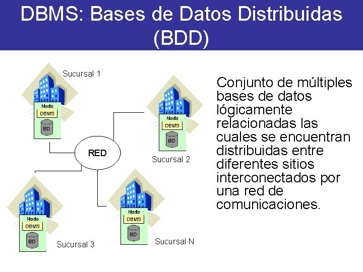 DBMS: Bases de Datos Distribuidas (BDD) Sucursal 1 RED Sucursal 3 Sucursal 2 Sucursal