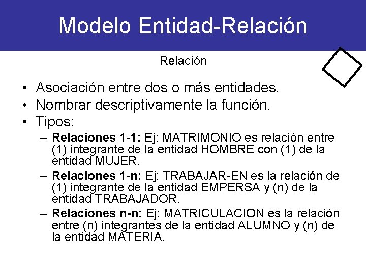 Modelo Entidad-Relación • Asociación entre dos o más entidades. • Nombrar descriptivamente la función.