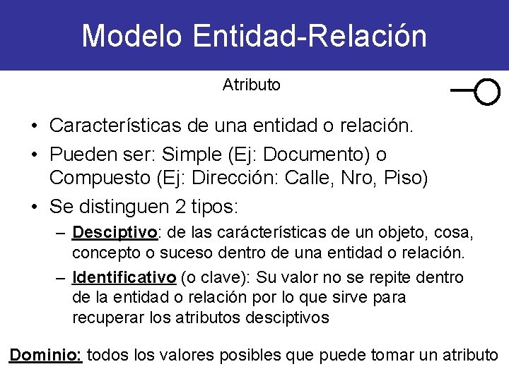 Modelo Entidad-Relación Atributo • Características de una entidad o relación. • Pueden ser: Simple