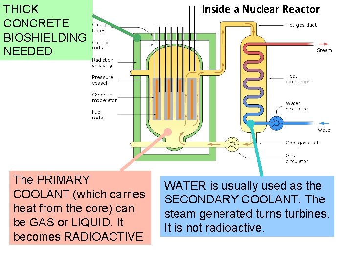 THICK CONCRETE BIOSHIELDING NEEDED The PRIMARY COOLANT (which carries heat from the core) can