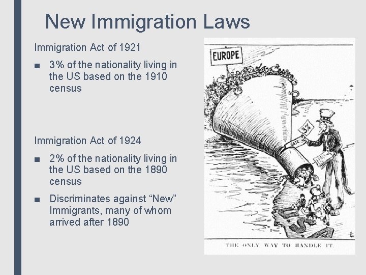 New Immigration Laws Immigration Act of 1921 ■ 3% of the nationality living in