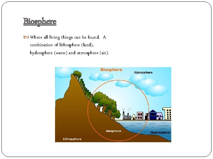 Biosphere Where all living things can be found. A combination of lithosphere (land), hydrosphere