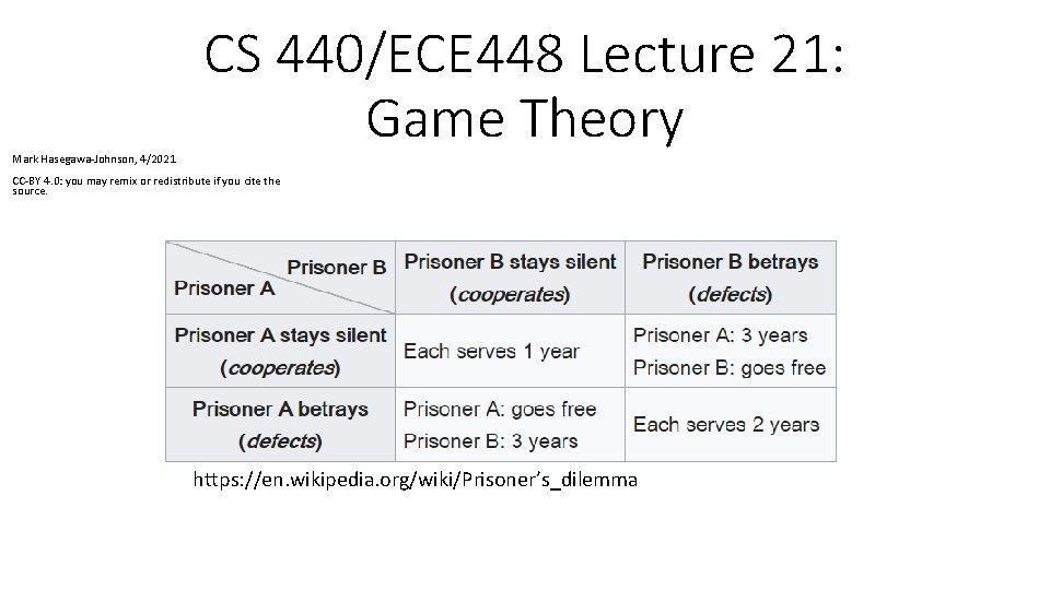 Mark Hasegawa-Johnson, 4/2021 CS 440/ECE 448 Lecture 21: Game Theory CC-BY 4. 0: you