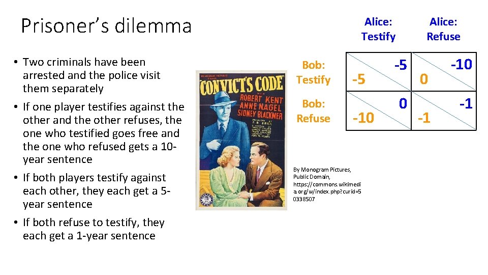 Prisoner’s dilemma • Two criminals have been arrested and the police visit them separately