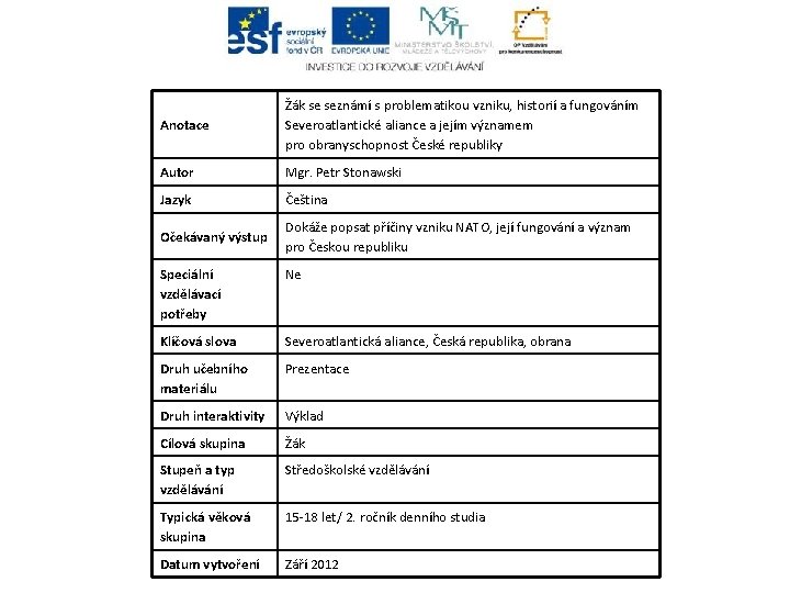 Anotace Žák se seznámí s problematikou vzniku, historií a fungováním Severoatlantické aliance a jejím