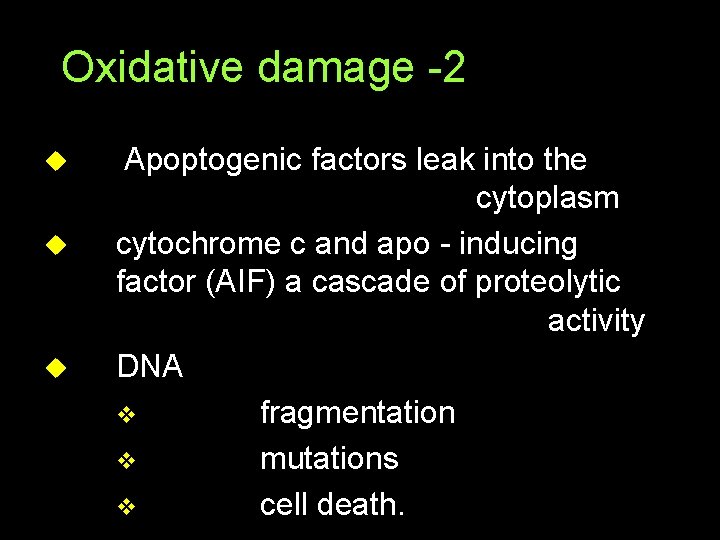 Oxidative damage -2 u u u Apoptogenic factors leak into the cytoplasm cytochrome c