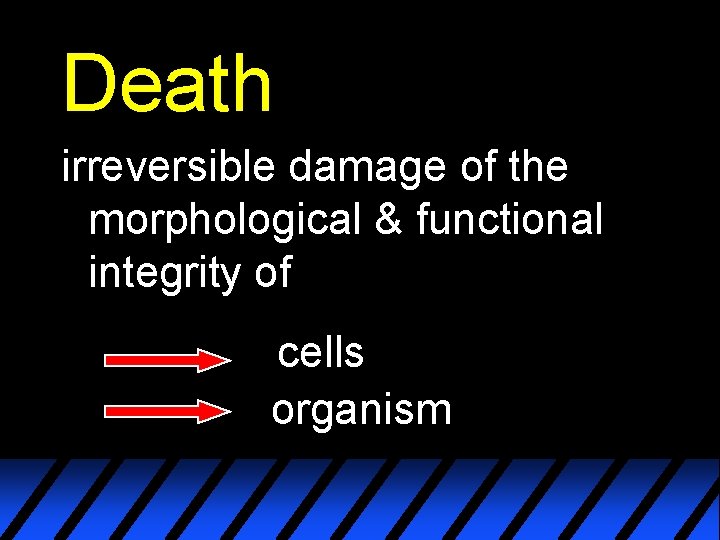 Death irreversible damage of the morphological & functional integrity of cells organism 