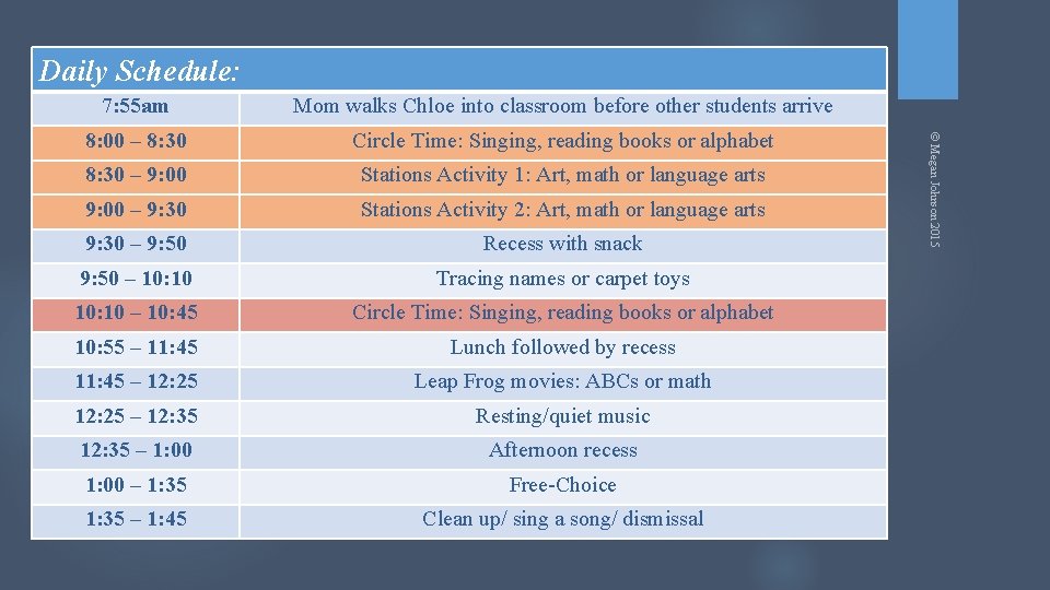 Daily Schedule: Mom walks Chloe into classroom before other students arrive 8: 00 –