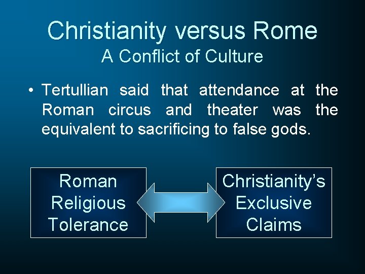 Christianity versus Rome A Conflict of Culture • Tertullian said that attendance at the