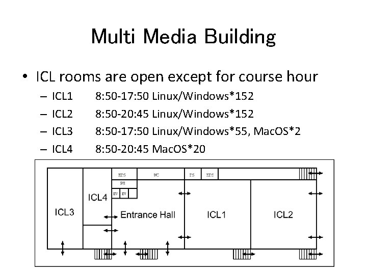 Multi Media Building • ICL rooms are open except for course hour – –