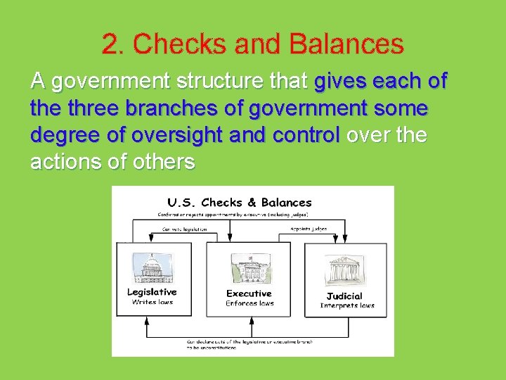 2. Checks and Balances A government structure that gives each of the three branches
