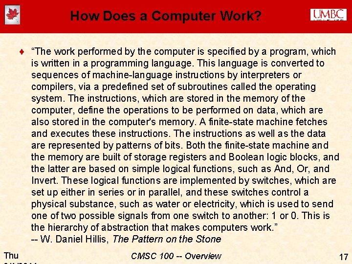 How Does a Computer Work? ¨ “The work performed by the computer is specified