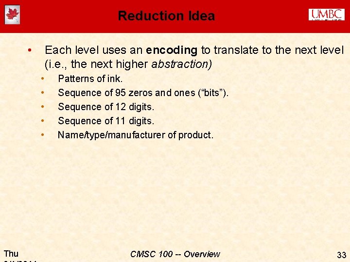 Reduction Idea • Each level uses an encoding to translate to the next level