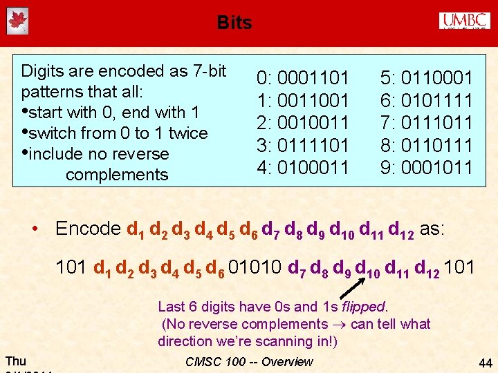 Bits Digits are encoded as 7 -bit patterns that all: • start with 0,