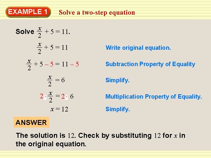 EXAMPLE 1 Solve a two-step equation x + 5 = 11. 2 x +