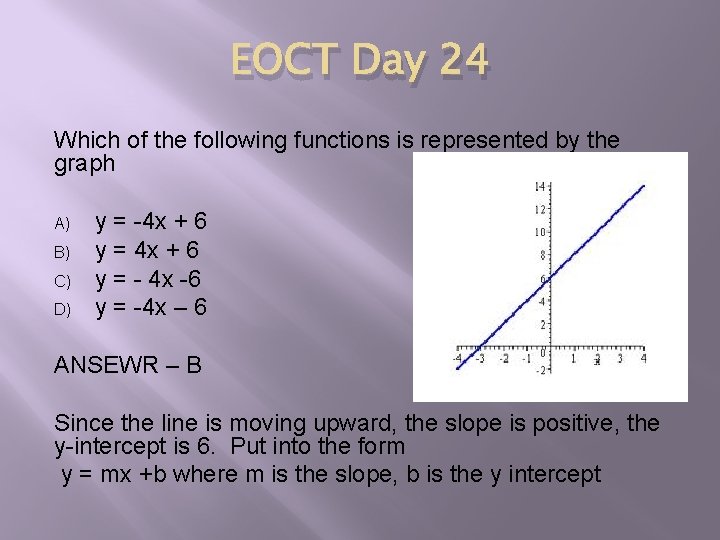 EOCT Day 24 Which of the following functions is represented by the graph A)