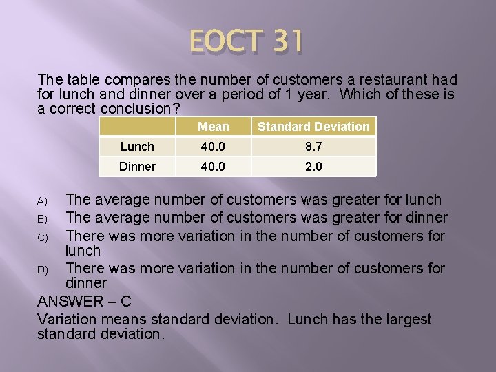 EOCT 31 The table compares the number of customers a restaurant had for lunch