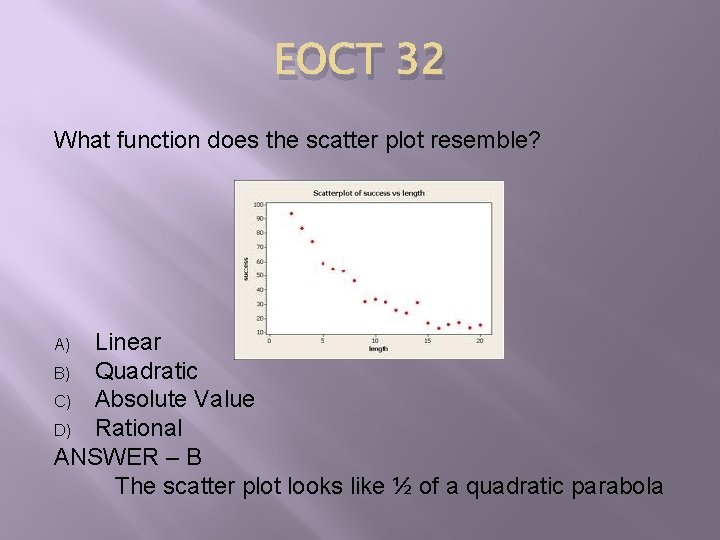 EOCT 32 What function does the scatter plot resemble? Linear B) Quadratic C) Absolute