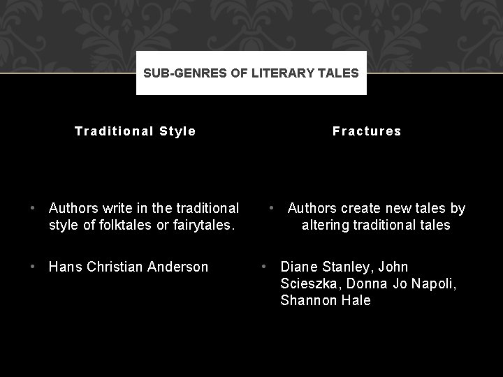 SUB-GENRES OF LITERARY TALES Traditional Style Fractures • Authors write in the traditional style