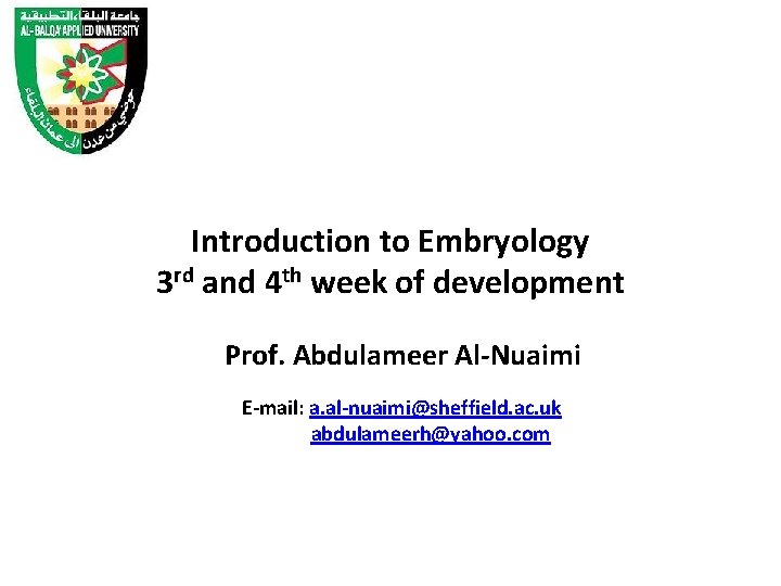 Introduction to Embryology 3 rd and 4 th week of development Prof. Abdulameer Al-Nuaimi