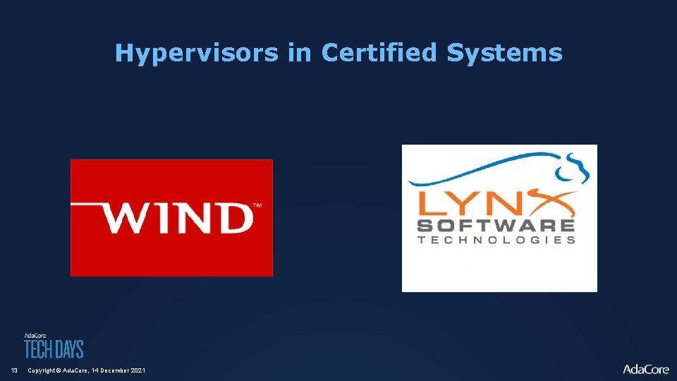 Hypervisors in Certified Systems 13 Copyright © Ada. Core, 14 December 2021 