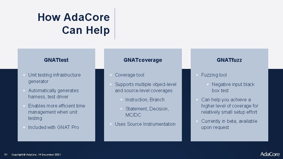 How Ada. Core Can Help GNATtest § Unit testing infrastructure generator § Automatically generates