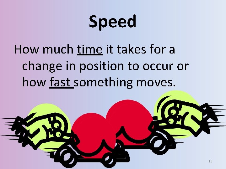 Speed How much time it takes for a change in position to occur or