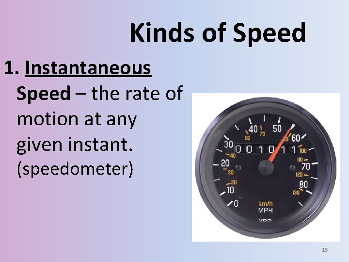 Kinds of Speed 1. Instantaneous Speed – the rate of motion at any given