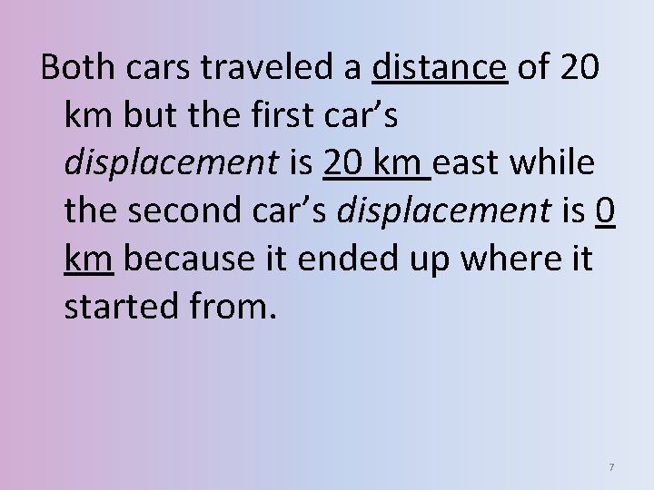 Both cars traveled a distance of 20 km but the first car’s displacement is